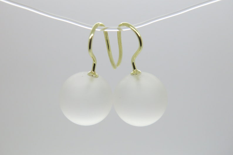 Snow white, large, matt white, noble rock crystal ball earrings 925 silver high quality 18k gold image 1