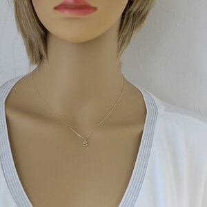 May include: A gold chain necklace with a small letter "S" pendant.