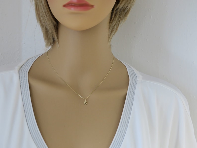 May include: A gold chain necklace with a small letter "S" pendant.