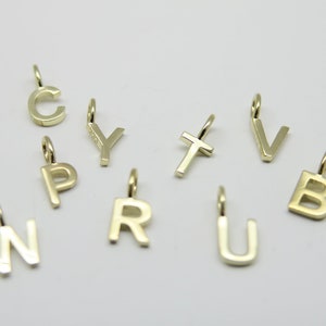May include: A set of gold-colored metal letter charms, including the letters B, C, P, R, T, U, V, W, and Y. The charms are all in a simple, modern font.