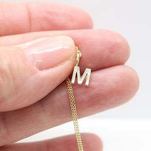 May include: A gold chain necklace with a small, silver letter 'M' pendant.
