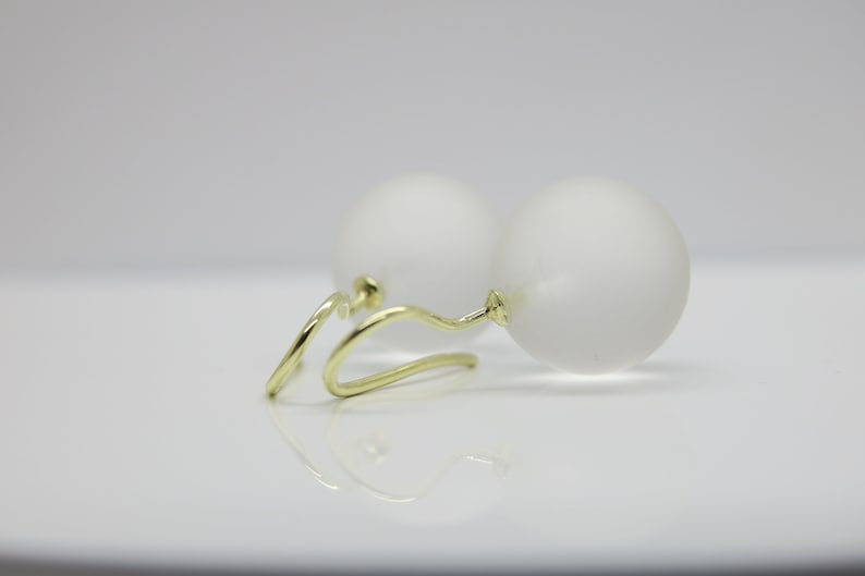 Snow white, large, matt white, noble rock crystal ball earrings 925 silver high quality 18k gold image 4