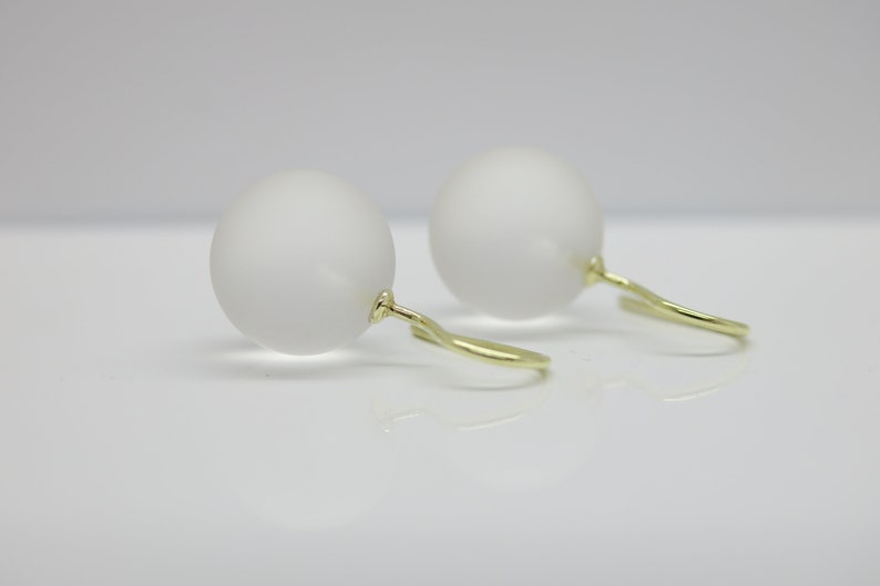 Snow white, large, matt white, noble rock crystal ball earrings 925 silver high quality 18k gold image 2