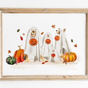 Halloween Ghost Dog Holding Pumpkin Digital Instant Download |Autumn Season Home Wall Decoration | Watercolor Prints Art |Cute Dogs Costume