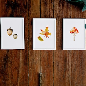 3er Set Ahorn Eichel Pilz Aquarell Malerei Print| Herbst Thanksgiving Digital Instant Download| Triptychon Herbst Wald Druckbare Wandkunst