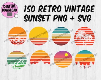 May include: A set of 150 retro vintage sunset graphics in PNG and SVG format. The graphics feature a variety of colors and designs, including mountains, palm trees, and sunsets.