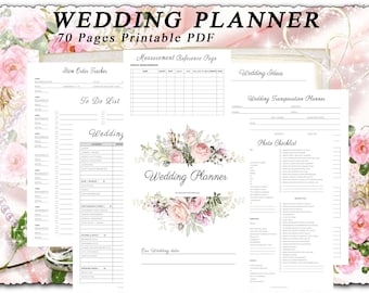 May include: A printable wedding planner with 70 pages, featuring a floral design with pink roses and greenery. The planner includes sections for to-do lists, wedding budget, vendor information, and more.