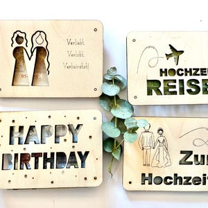 Personalisiertes Geldgeschenk Hochzeit Wunscherfüller Trauung Standesamt  Geschenkkarte aus Holz Last Minute Geschenk Hochzeit LIEBE