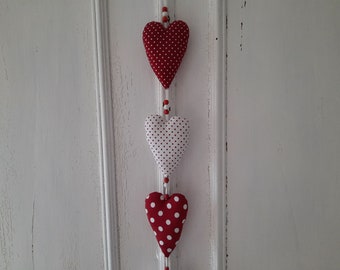 5 hearts made of fabric as garland - in red / white to hang - fabric hearts