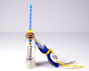 Glass, message in a bottle for 18th birthday, man, woman, coming of age, birthday, balloon, candles, Happy Birthday, confetti, gift