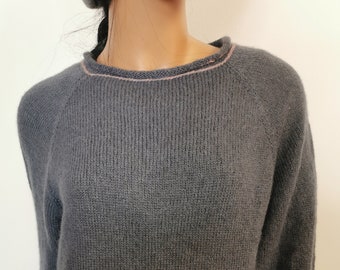 hand-knitted sweater in grey-blue made of baby alpaca wool