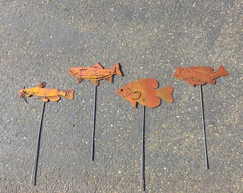 Large Fish Garden Art, Set of 4 Fish, Southern Fish, Trout Metal Garden Decor,