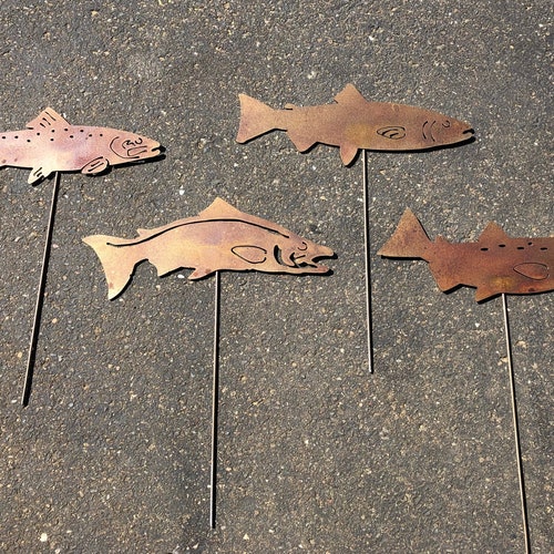 Trout Salmon Garden DecorSet of 4 Fish7.5" Long Fish Garden Stakes Trout Salmon Garden DecorSet of 4 Fish7.5" Long Fish Garden Stakes