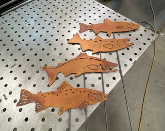 Large Fish Garden Art, Set of 4 Fish, Trout & Salmon Metal Garden Decor,