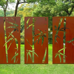 Rusty Metal Privacy Screens, Bamboo Garden Panels with Garden Stakes, Metal Garden Art, Bamboo Metal Dragonfly Garden Sculpture, 3 @ 24&quot;x47&quot;