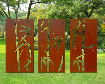 Rusty Metal Privacy Screens, Bamboo Garden Panels with Garden Stakes, Metal Garden Art, Bamboo Metal Dragonfly Garden Sculpture, 3 @ 24"x47"