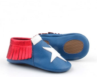 Super Hero Baby Moccasins, Anti-Slip Baby Shoes, Baby Moccasins, Toddler Moccasins, Leather Baby Moccasins, Blue baby shoes, Baby Loafers