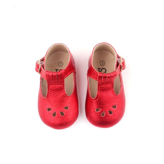 Starbie Size 3 Baby Mary Jane, Baby Tbar Shoes, Baby Moccasins in Metallic Red, Baby T-Bar Shoes, Toddler Moccasins, Baby Girl shoes