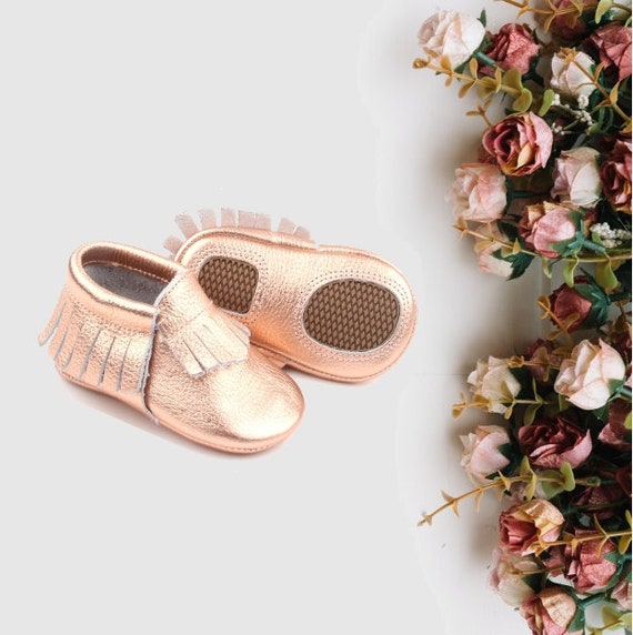 rose gold baby moccasins