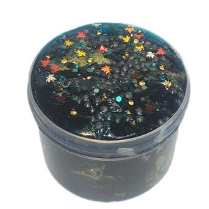 May include: A clear plastic container filled with dark blue slime. The slime is decorated with colorful glitter and leaf-shaped confetti in shades of red, yellow, and gold. The container has a clear lid.