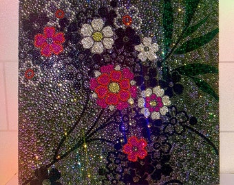 Floral Forget Me Not Wall Canvas,Crystal Encrusted Art