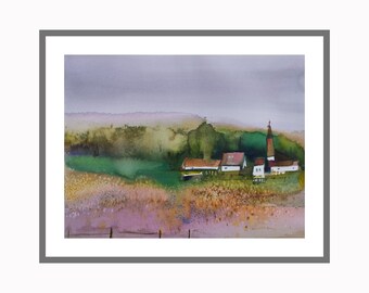 Wiesenblick Aquarell Bild Original Landschaft