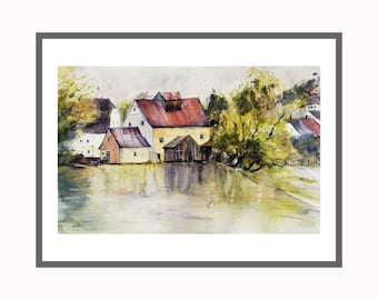 Dorf Landschaft Aquarell Original