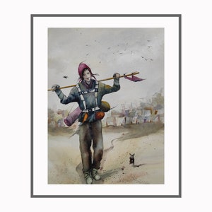 Figura original de excursionista con perro pintando