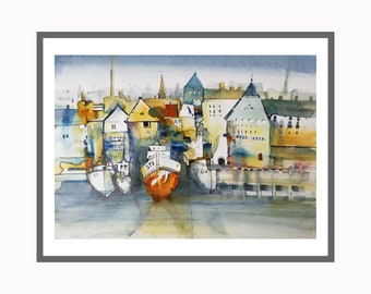 Hanse Stadt Gemälde Hafen Aquarell