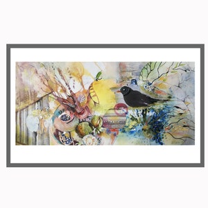 Original painting fruits and blackbird
