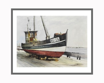 Fishing Boat Watercolor Drawing Original