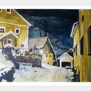 Night Village Watercolor Painting Original