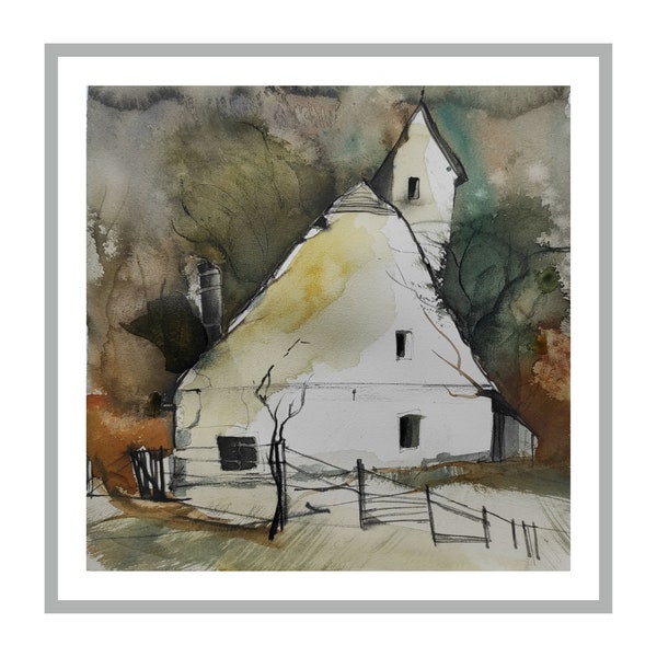 Aquarell Original Landschaft Haus