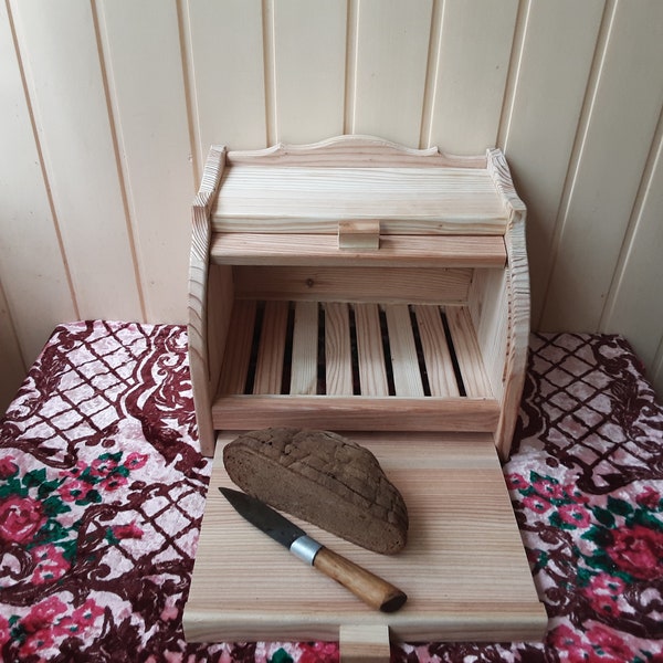 Wooden bread box unfinished, slatted wood bread box, rolling top bread box, bread bok with cutting board, farmhouse bread storage