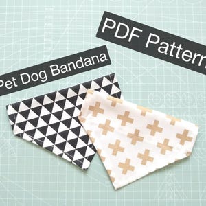 May include: Two dog bandanas, one with a black and white geometric pattern and one with a white background and gold crosses. The text "PDF Pattern" and "Pet Dog Bandana" are visible in the image.