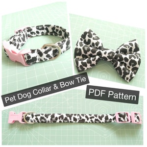 May include: A PDF pattern for a pet dog collar and bow tie. The collar and bow tie are made of black and white leopard print fabric. The collar has a pink plastic buckle. The bow tie is tied in a classic bow shape.