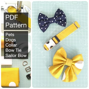 May include: A PDF pattern for making a pet collar, bow tie, and sailor bow. The pattern includes instructions for making a yellow collar with a silver buckle, a navy blue bow tie with white polka dots, and a yellow sailor bow with white polka dots.