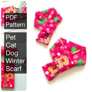 May include: Two red fleece dog or cat winter scarves with a reindeer and Christmas tree pattern. The text "PDF Pattern" is visible in the image.