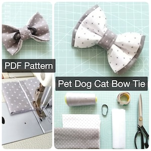 May include: A DIY tutorial for making a pet bow tie. The image shows a finished bow tie, sewing supplies, and a PDF pattern. The bow tie is made from white fabric with a gray cross pattern. The fabric is folded and sewn to create a bow shape. The bow tie is attached to a gray elastic band.
