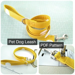 Op de afbeelding: Een gele hondenriem met witte stippen en een zilveren clip. De riem is opgerold en plat gelegd. De afbeelding toont ook een close-up van een naaimachine die de riem naait. De tekst "Pet Dog Leash" en "PDF Pattern" is zichtbaar in de afbeelding.