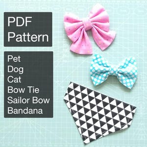 May include: PDF pattern for a pet bow tie, sailor bow, and bandana. The pattern includes instructions for making a bow tie, sailor bow, and bandana for a pet. The pattern is available in a digital format.