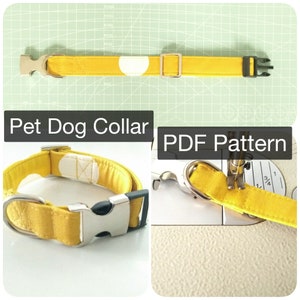 Könnte beinhalten: Ein gelbes Hundehalsband mit weißen Punkten und einer silbernen Schnalle. Das Halsband wird auf einer Nähmaschine genäht.  "PDF Pattern" steht auf dem Bild.