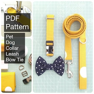 Könnte beinhalten: Ein PDF-Muster für ein Hundehalsband, eine Leine und eine Fliege. Das Muster enthält Anweisungen für die Herstellung eines gelben Halsbands mit einer silbernen Schnalle, einer gelben Leine mit weißen Punkten und einer dunkelblauen Fliege mit weißen Punkten.