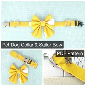 May include: A yellow dog collar with white polka dots and a matching yellow sailor bow. The collar has a silver buckle and a black plastic slider. The image also shows a close-up of the collar being sewn on a sewing machine. The text "PDF Pattern" is visible in the image.