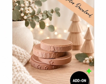 May include: A stack of three circular, light brown silicone moulds featuring embossed holiday patterns including Christmas trees and stars. The text digitaler Download is visible in the upper right corner, and a black circle with the text ADD-ON is present.