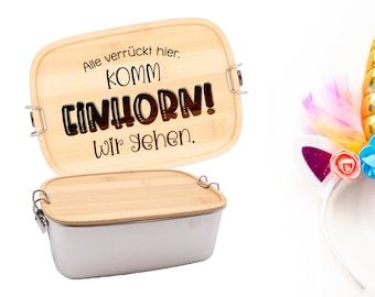 Brotdose aus Edelstahl und Bambus, Einhorn, Glitzer, Spruch Personalisiertes Geschenke mit individueller Gravur