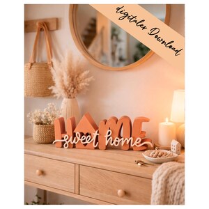 May include: A terracotta-coloured decorative sign featuring the word HOME in block letters, with the letter O shaped like a house, and the words sweet home in white cursive script layered in front. The text digitaler Download appears in the corner.