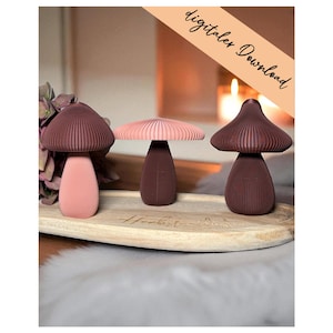May include: Three decorative mushroom figurines in shades of pink and brown sit on a wooden tray. The mushrooms have ribbed caps and stems, with varying shades of pink and brown. The text "digitaler Download" is visible in the image.