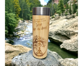 Yoga thermos flask bamboo stainless steel with individual engraving 450ml Ideal for your outdoor adventure