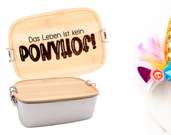 Brotdose aus Edelstahl und Bambus, Einhorn, Glitzer, Spruch Personalisiertes Geschenke mit individueller Gravur